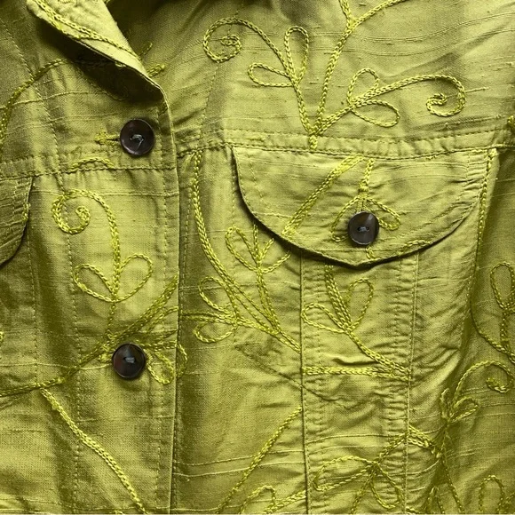 Chico's Green 100% Silk Embroidered Button Jacket Top Sz 1 (S) - Picture 5 of 5